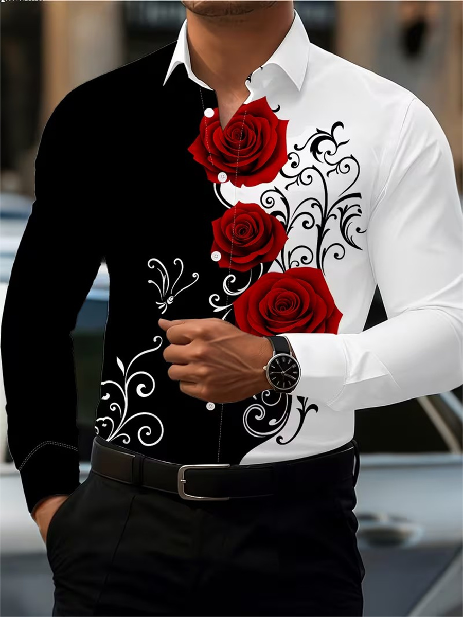 Mens Fashion Clothes - Men's Red Rose Print Long-Sleeve Shirt,