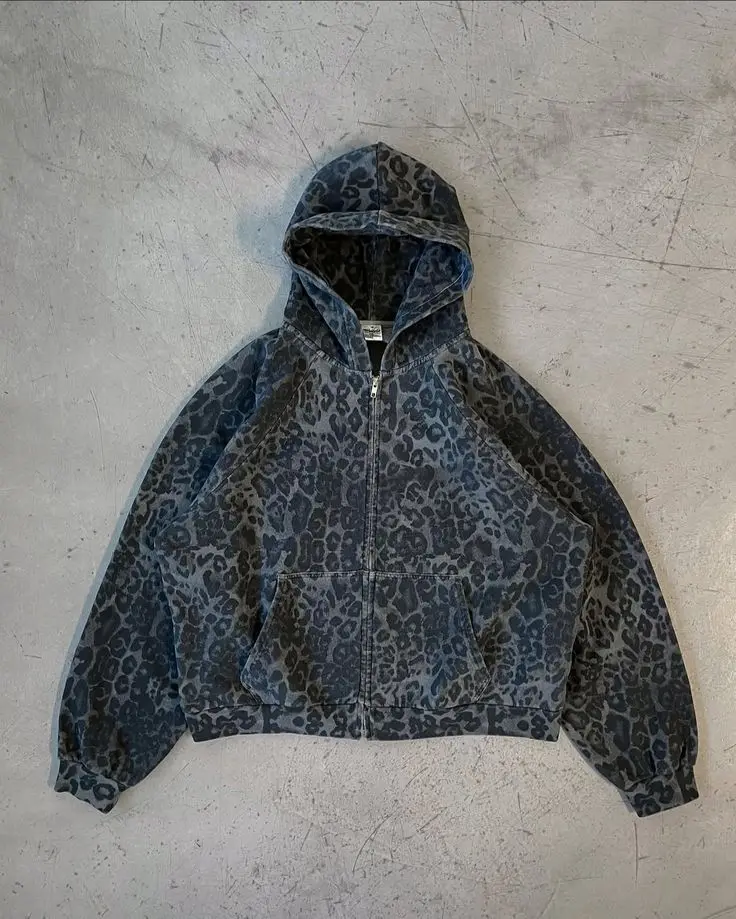 Retro Y2K Leopard Print Zipper - огляд і ціна Mens Fashion Zip Up Hoodies