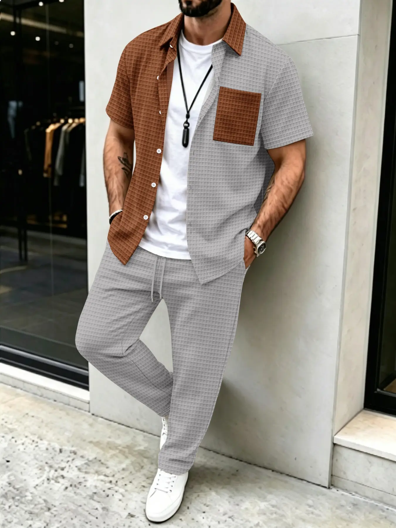 Men's Solid Waffle Pattern Cas - огляд і ціна Mens Fashion Clothes