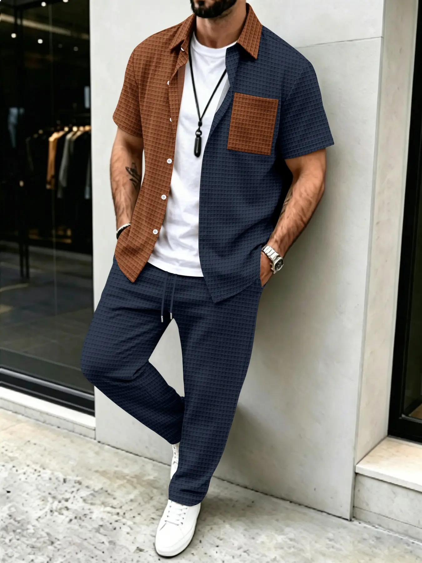 Men's Solid Waffle Pattern Cas - огляд і ціна Mens Fashion Clothes