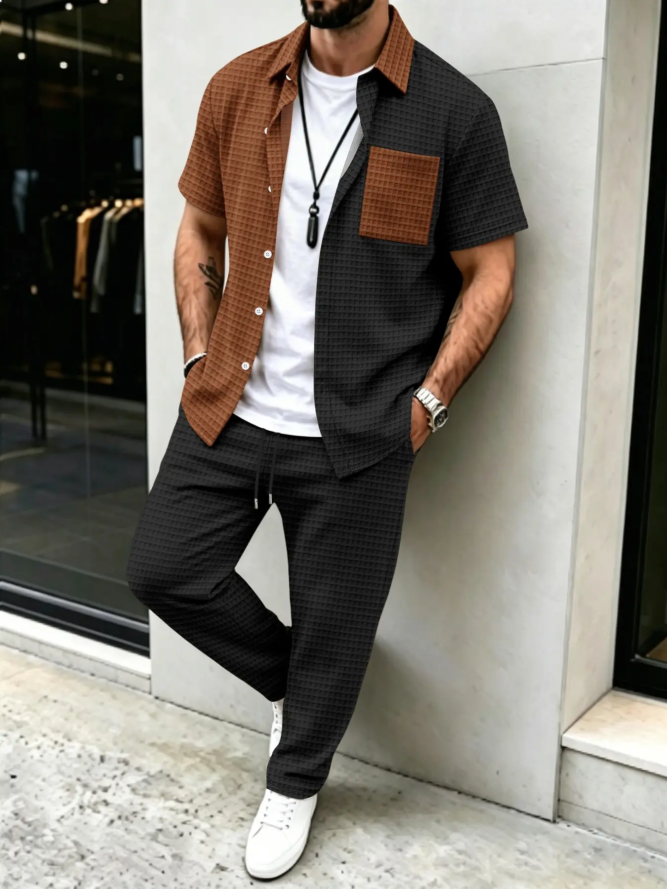Men's Solid Waffle Pattern Cas - огляд і ціна Mens Fashion Clothes