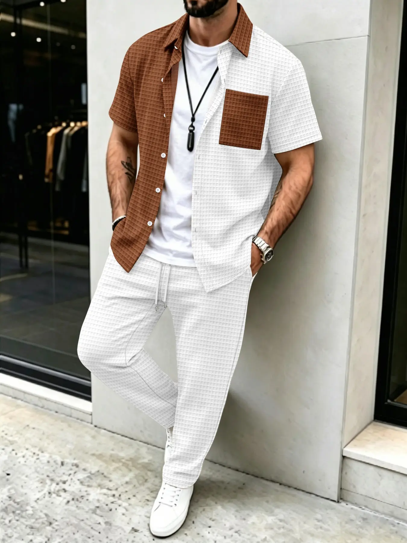 Men's Solid Waffle Pattern Cas - огляд і ціна Mens Fashion Clothes